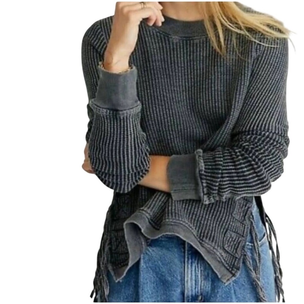 Free People FP One Interlaken Waffle Knit Thermal Top Black XS
